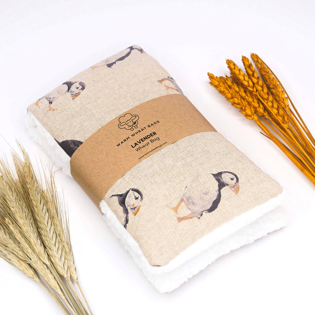 Wheat bag with puffin design with wheat