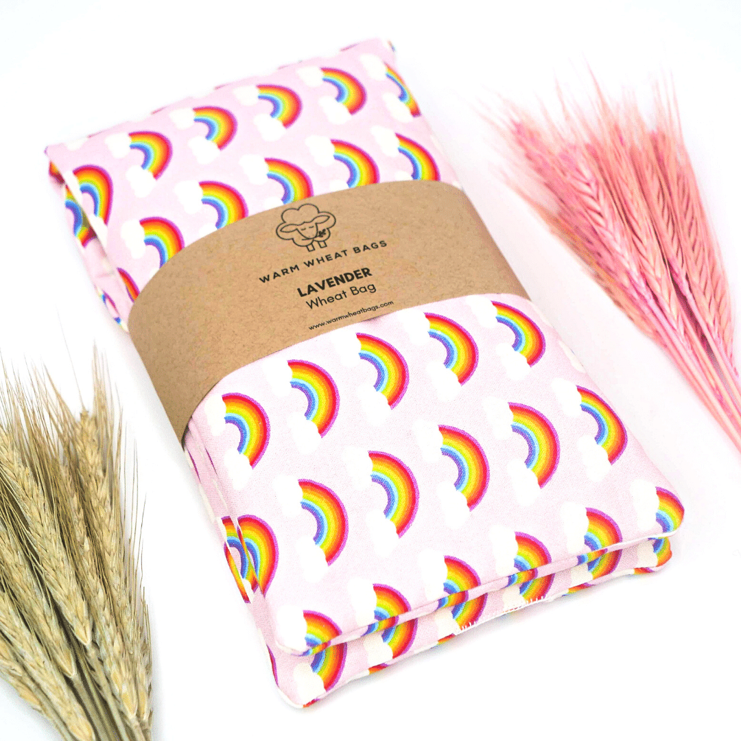 Wheat bag with pink rainbow design with wheat