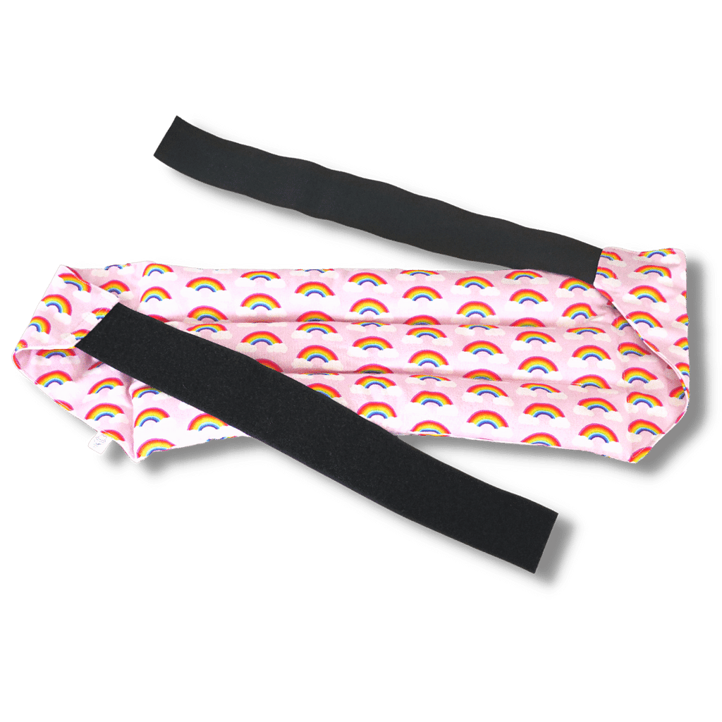 Wearable microwave wheat bag belt with a rainbow pink design on a transparent background