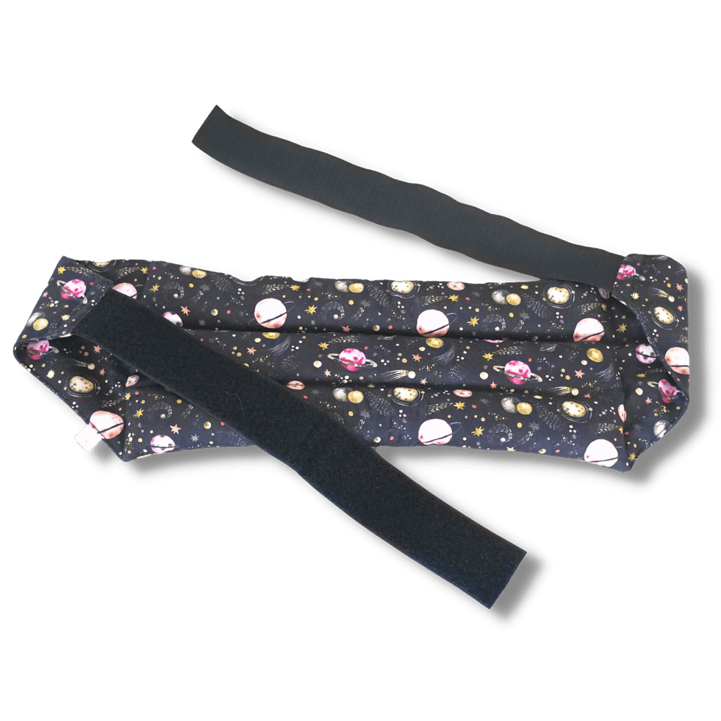 Wearable microwave wheat bag belt with a galaxy design on a transparent background
