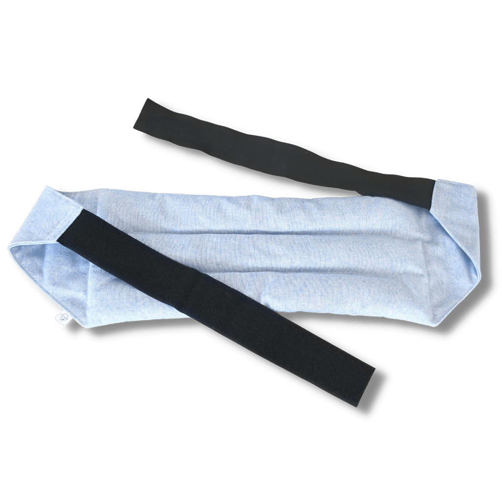 Wearable microwave wheat bag belt with a pastel blue design on a transparent background