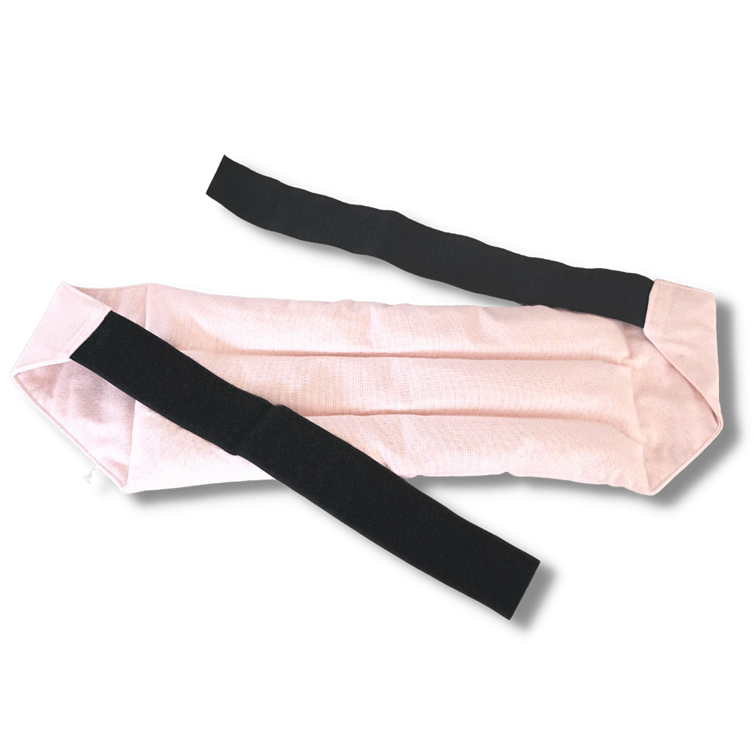 Wearable microwave wheat bag belt with a pastel pink design on a transparent background