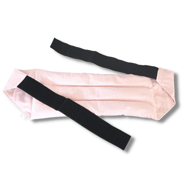 Wearable microwave wheat bag belt with a pastel pink design on a transparent background