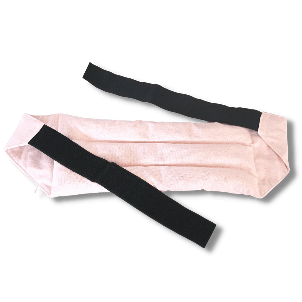 Wearable microwave wheat bag belt with a pastel pink design on a transparent background