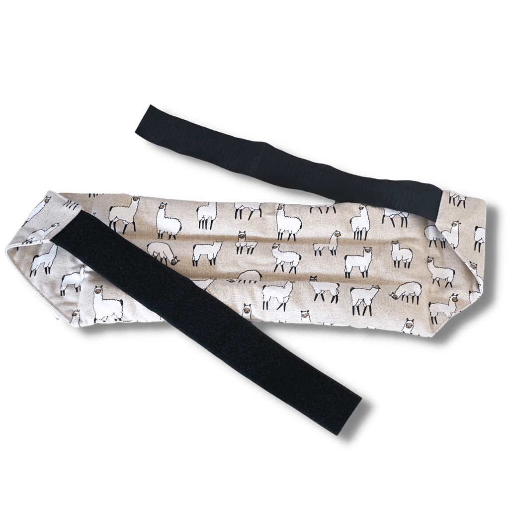 Wearable microwave wheat bag belt with a llama design on a transparent background